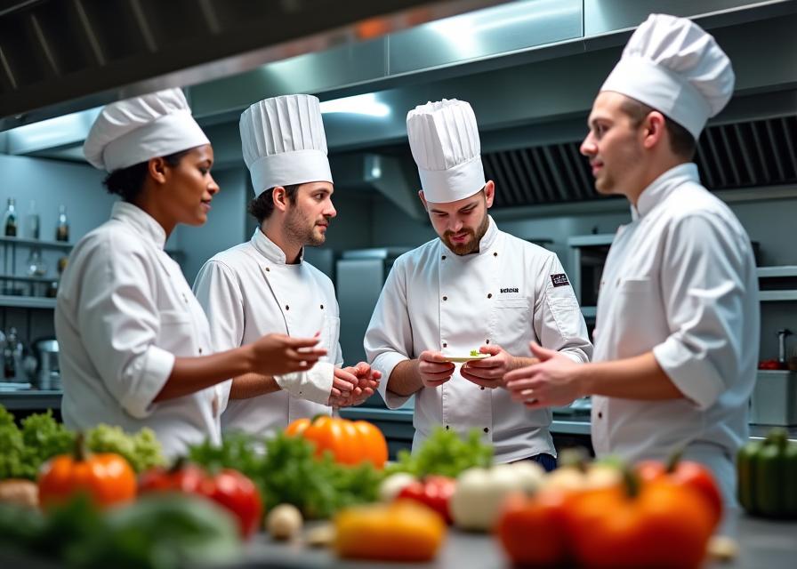 Culinary team collaborating in professional kitchen